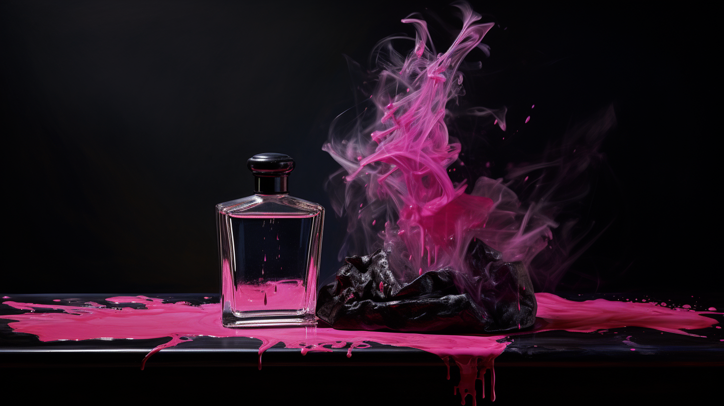 Black painting with pink paint splash and perfume