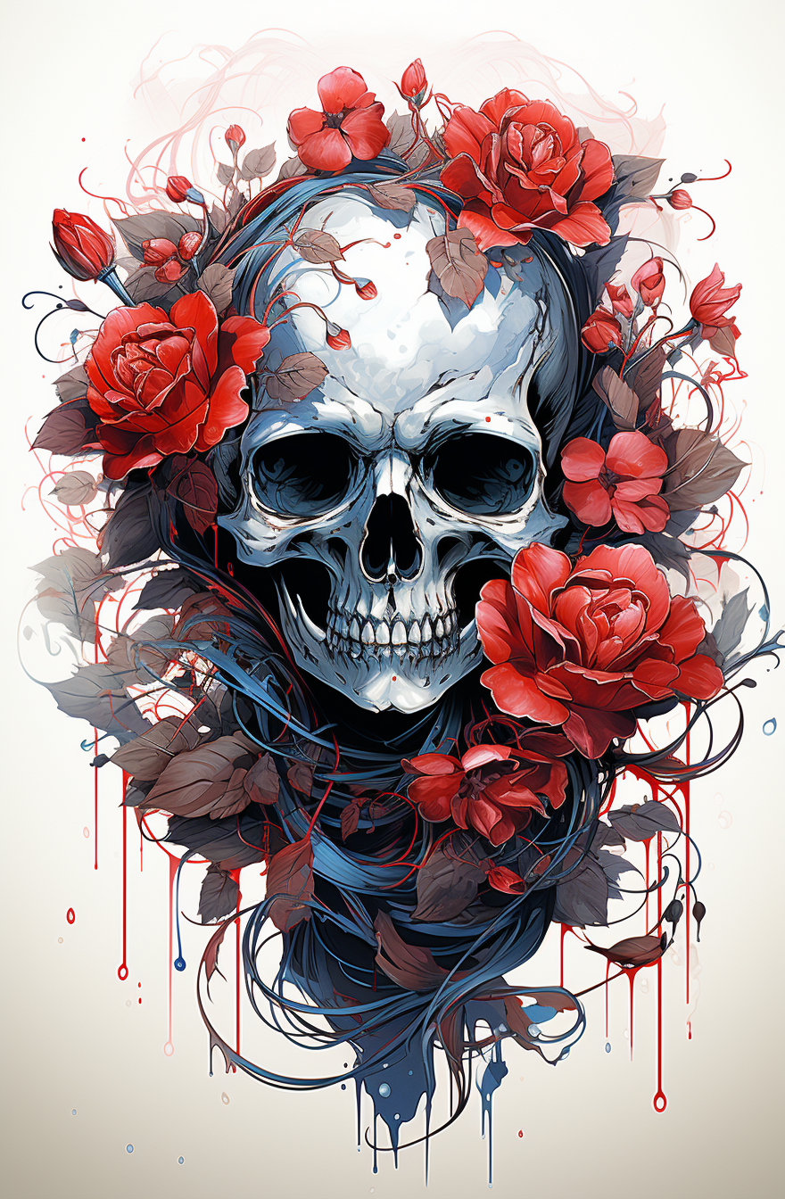 Black and red roses with macabre skull art tatoo