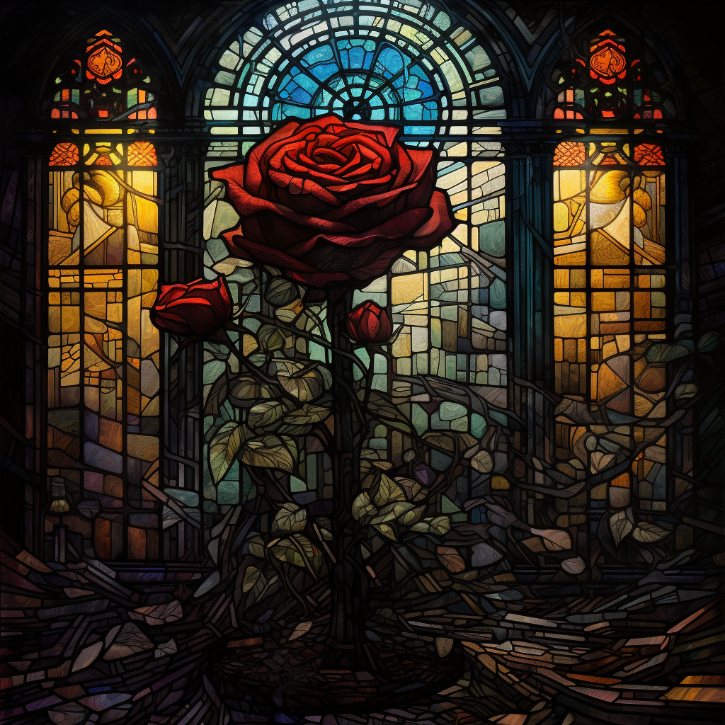 Intricate Black Rose in Stained Glass Room