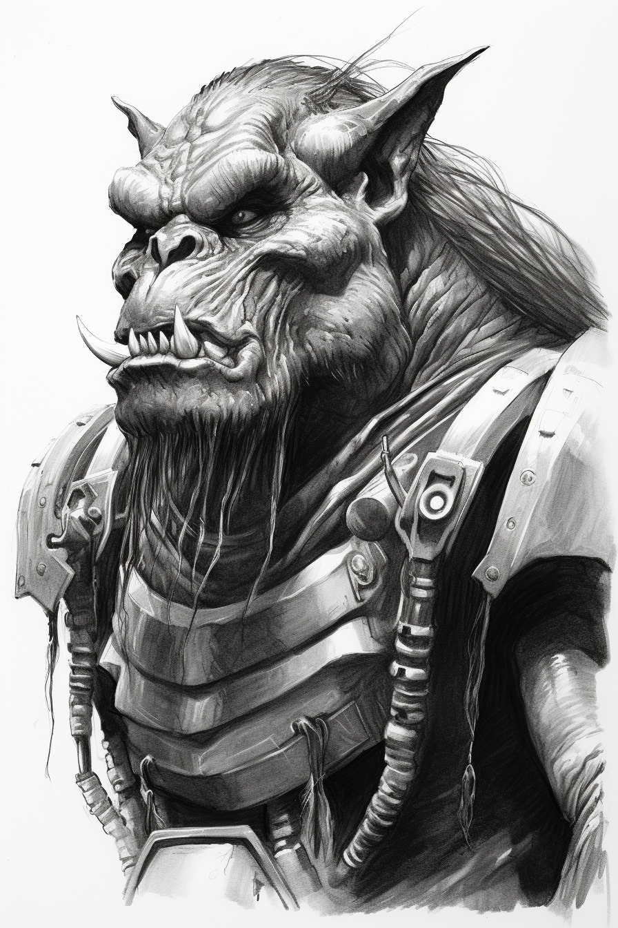 Sketch of tall hulking furry alien space pirate