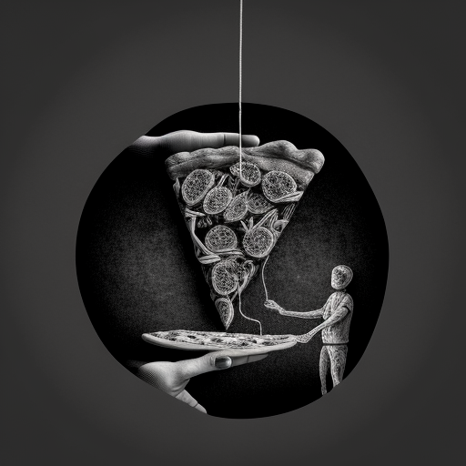 Black and white hand holding pizza with marionette strings