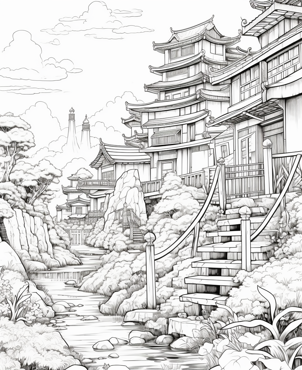 Black white landscape coloring book style