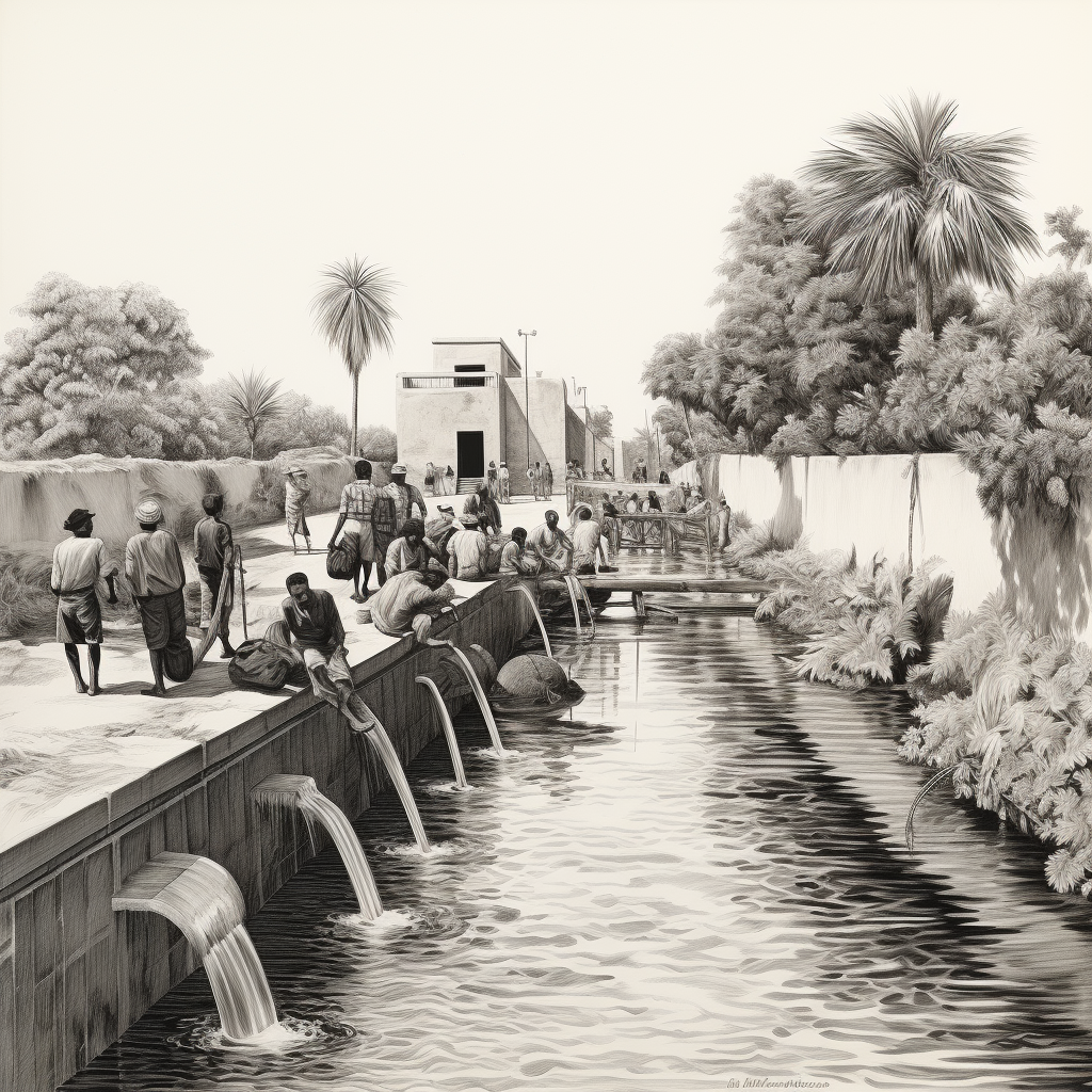 Black and white drawing of people by an irrigation canal