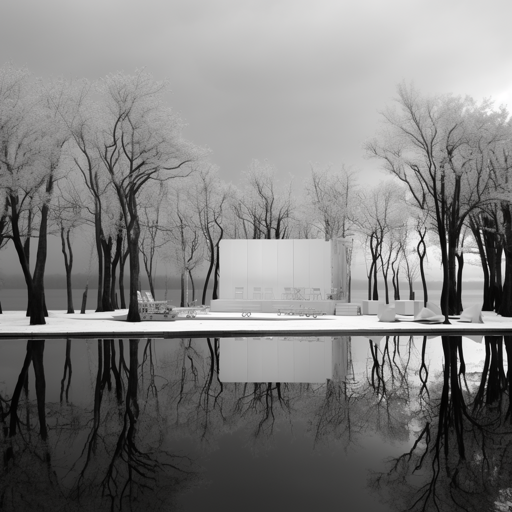 Black and white seaside trees stage lake