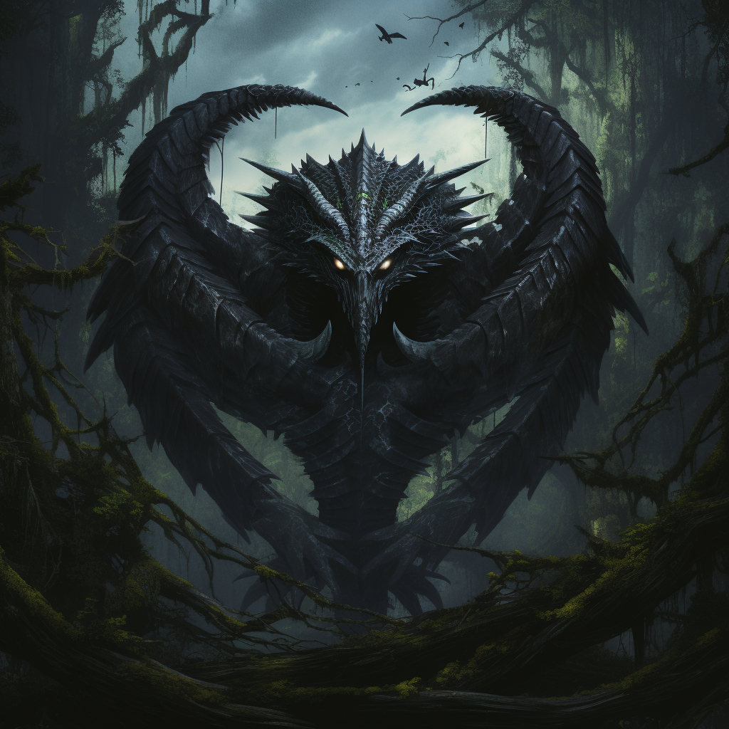 Black winged creature emerging from forest