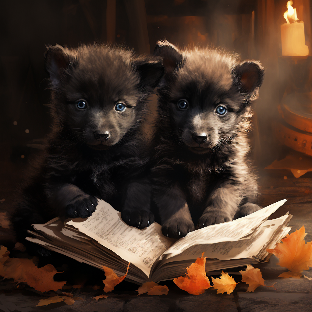 Adorable black wolf pup on torn spell book