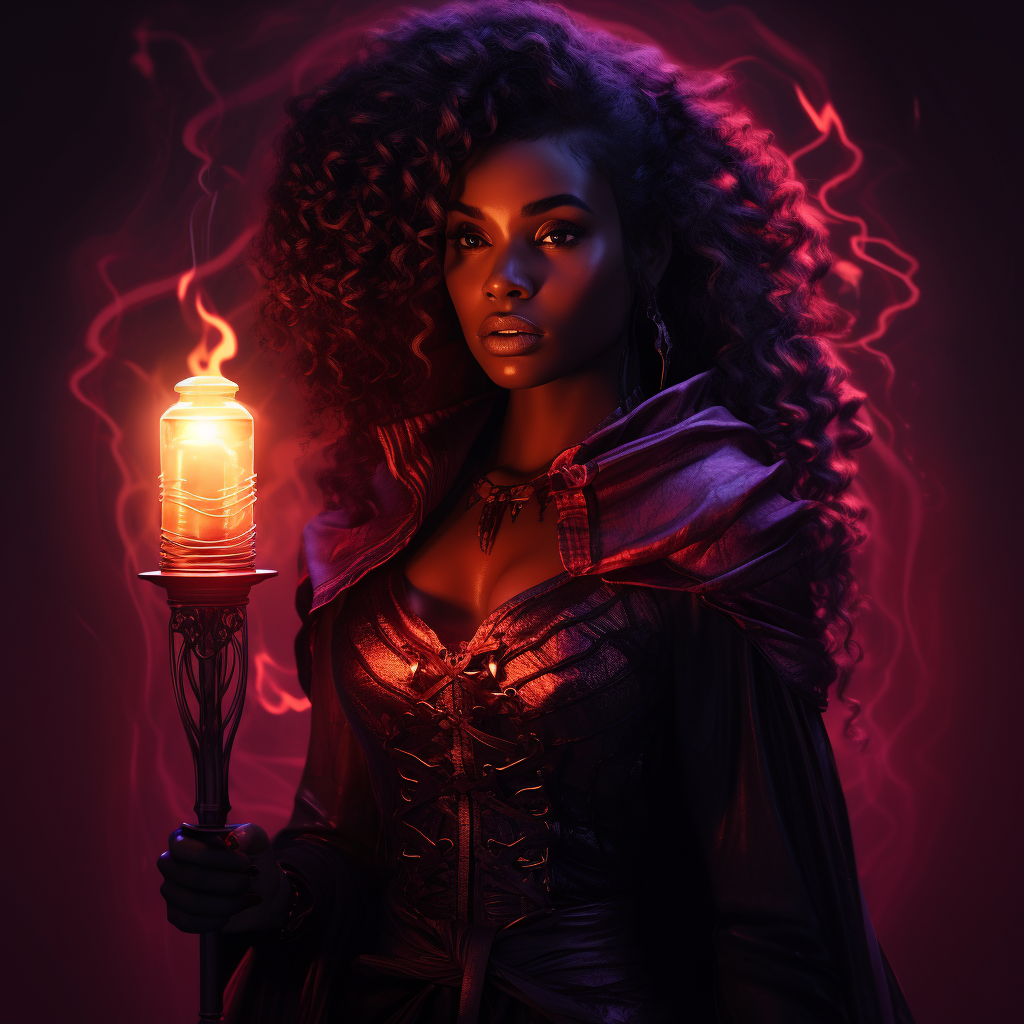 Strong black woman carrying torch in dark fantasy illustration