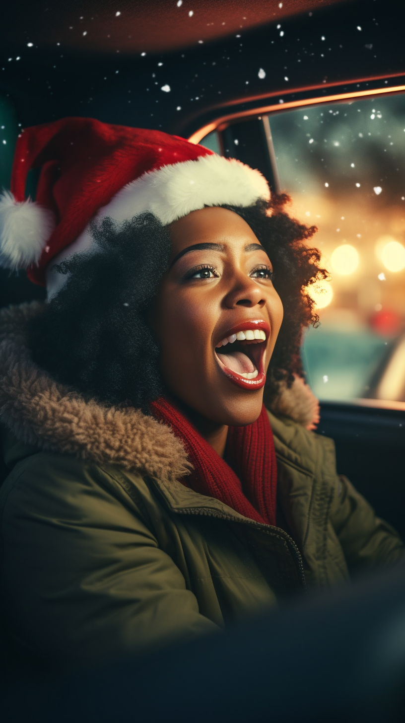 Black woman rapping in car with Santa hat