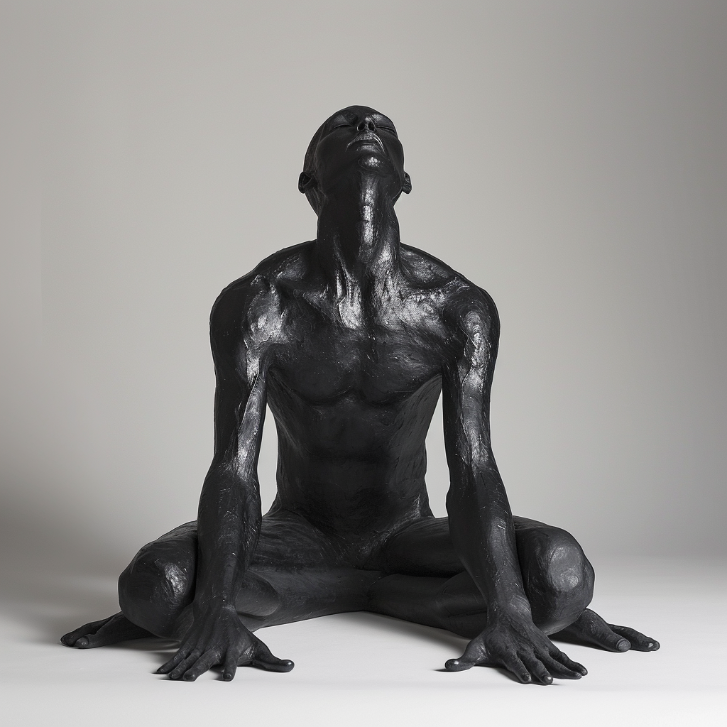 Black metal sculpture with closed eyes