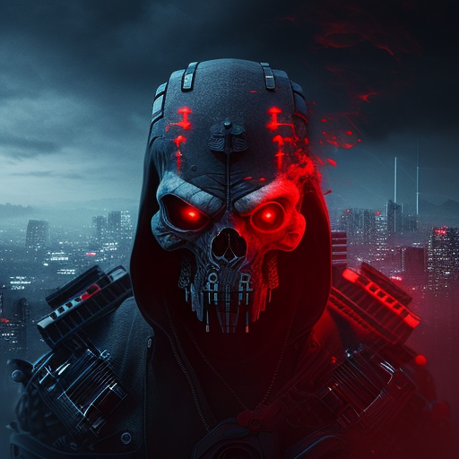 Black Skull Head with Red Eyes, Futuristic Gun