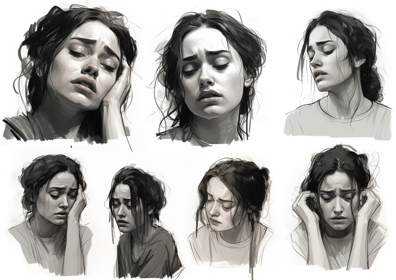 Black and white sketches of sad and anxious expressions