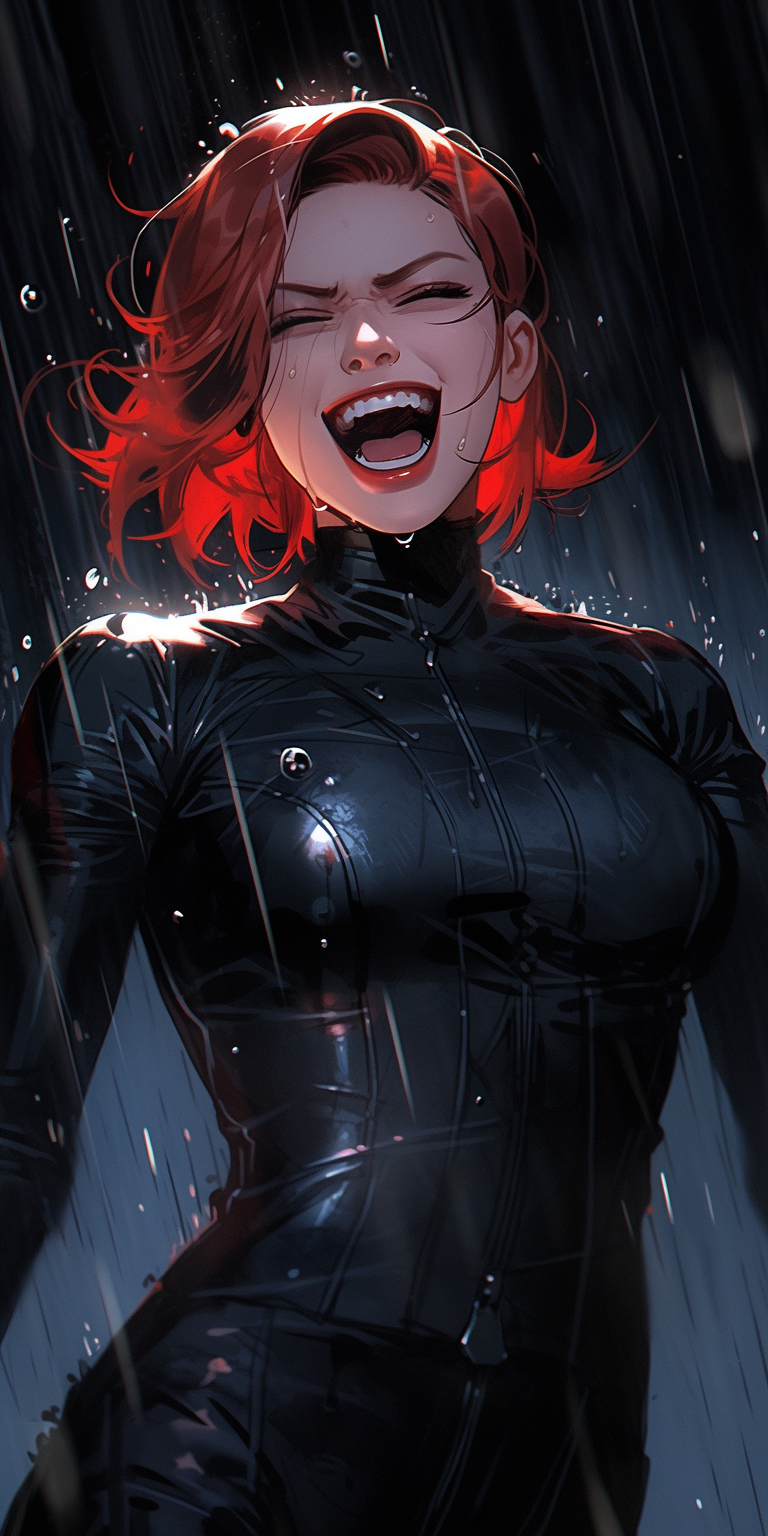 Soaking wet Black Widow vampire with fangs laughing