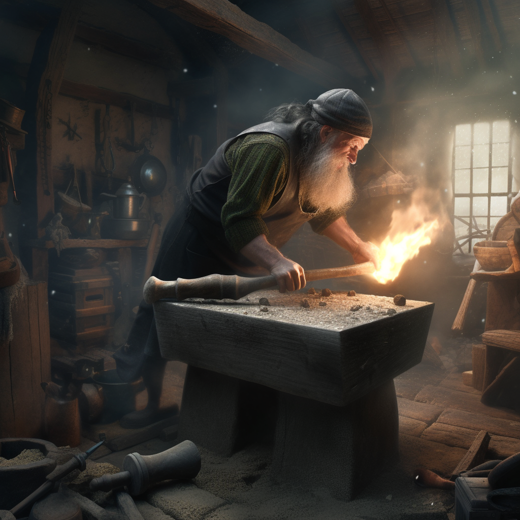 Blacksmith hammering anvil with precision