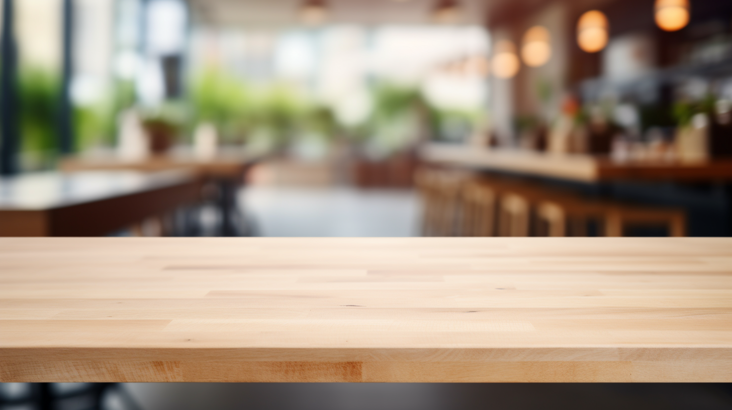 Wooden Desk with Cafeteria Background