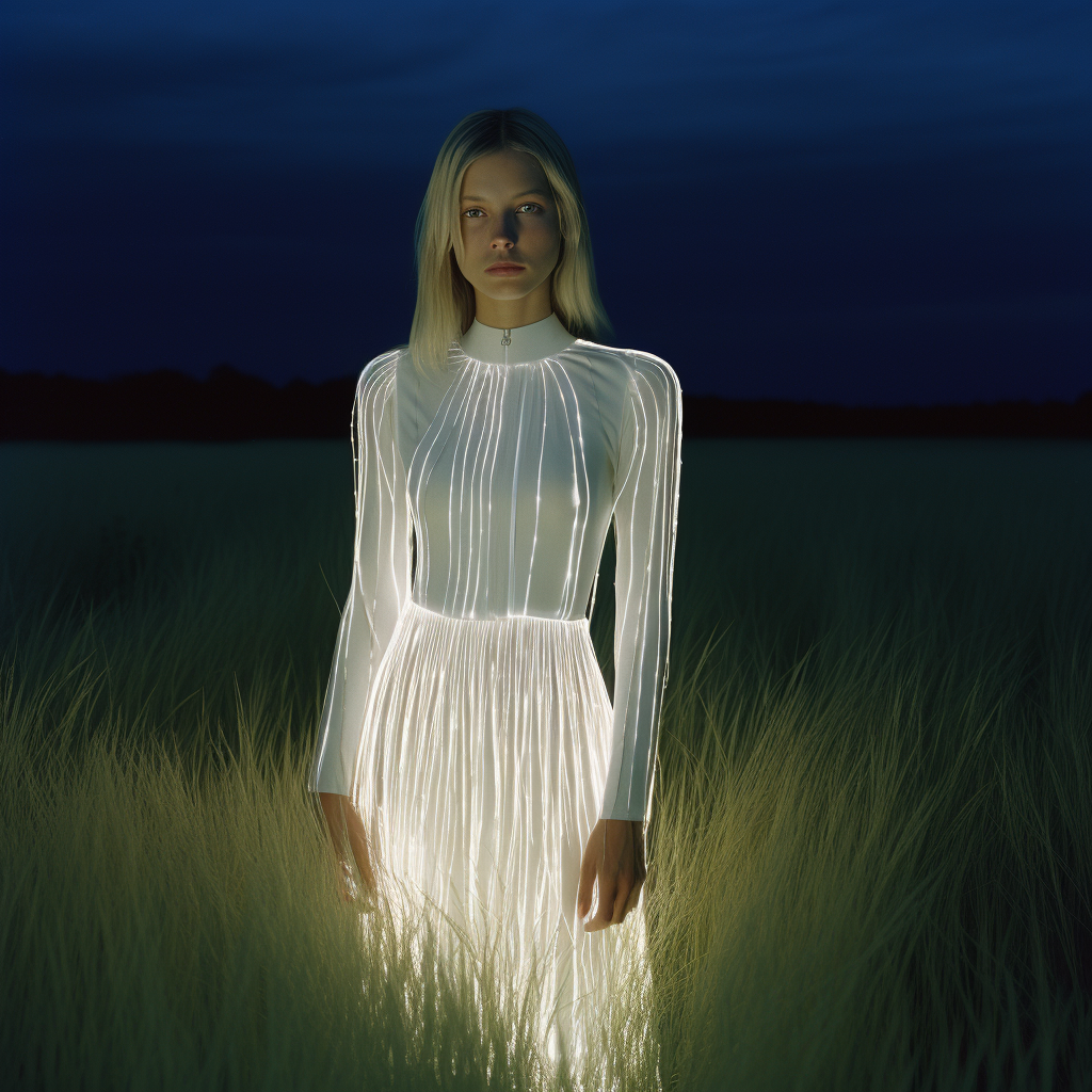 Blond girl with long straight hair in meadow at night