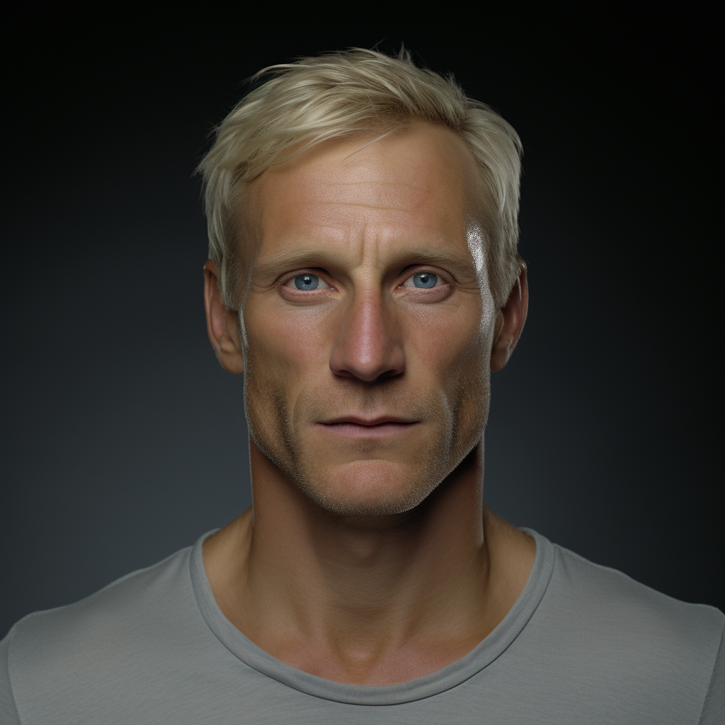 Image of a blond male with dimple in cheek, cinematic angle  ?