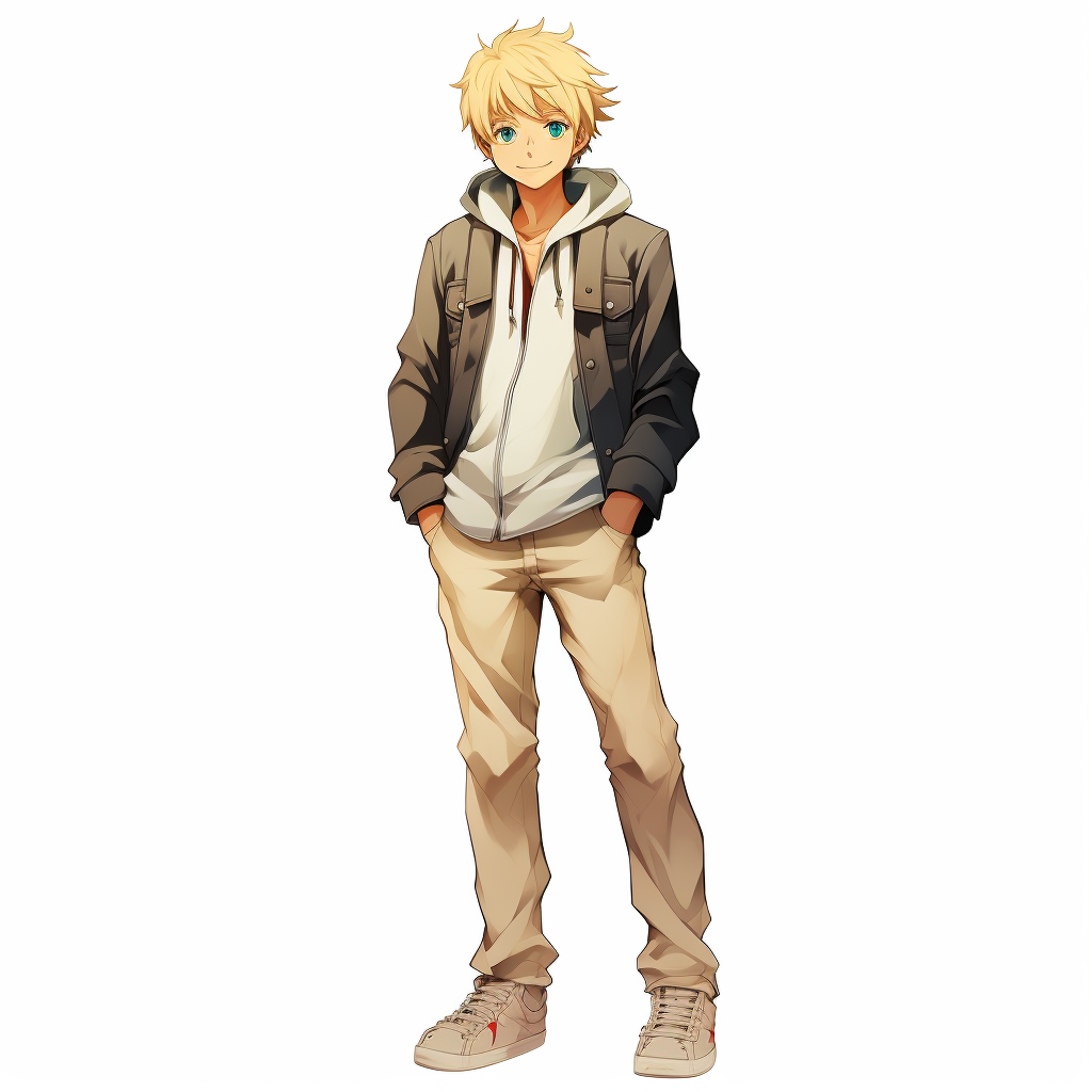 Anime-style blond guy with brown eyes smiling