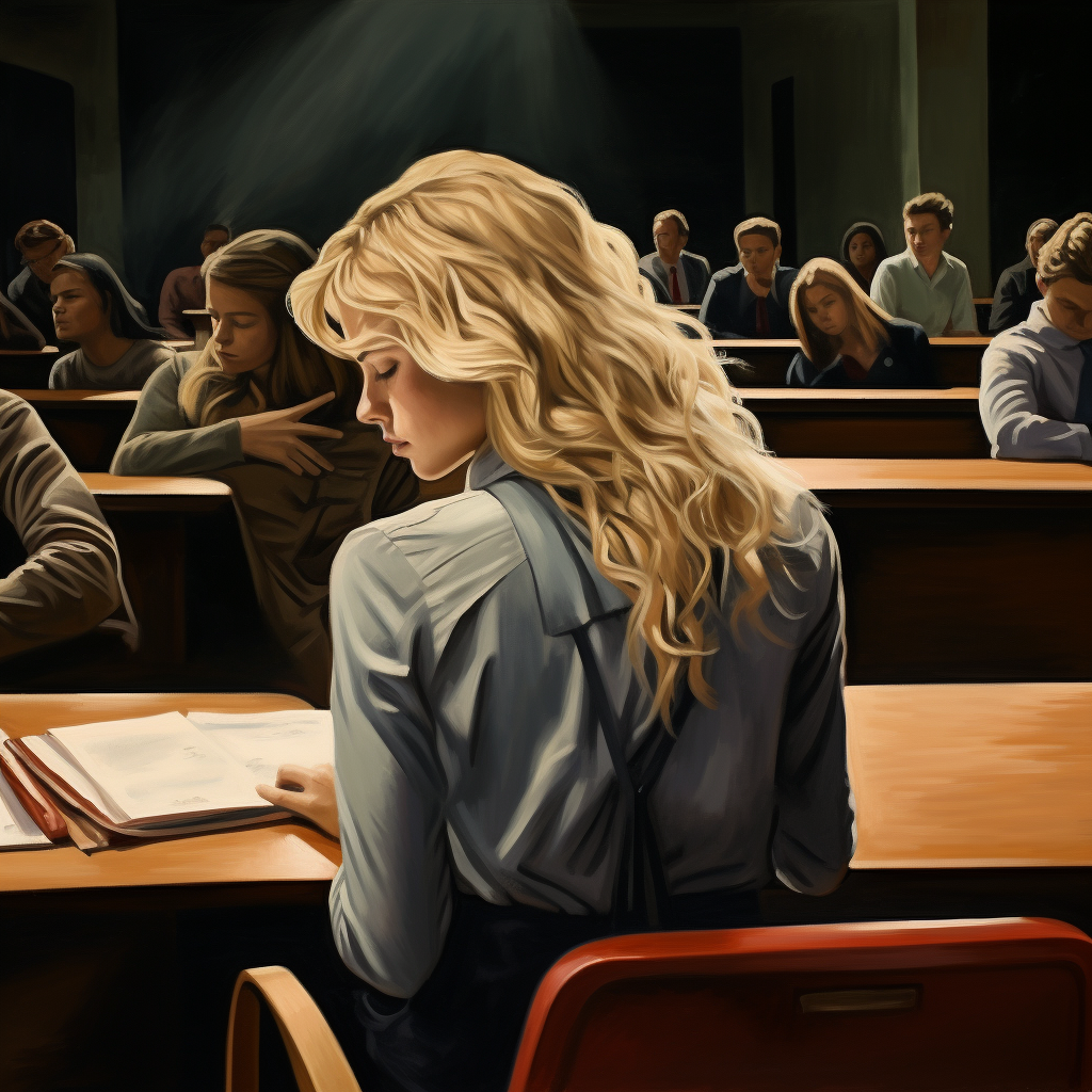 Exhausted blonde college woman in lecture