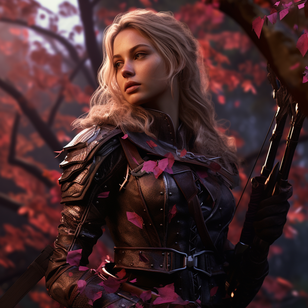 Blonde female ranger with bow in pink leaf forest