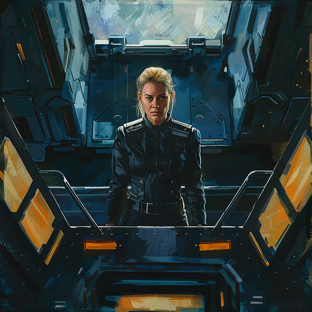 Blonde military commander spaceship painting