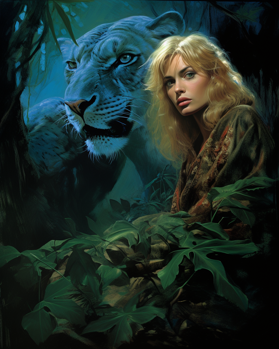 Blonde woman with jaguar in jungle