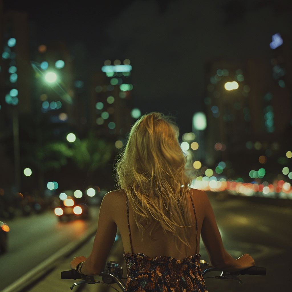 Blonde Woman Riding Bike at Night