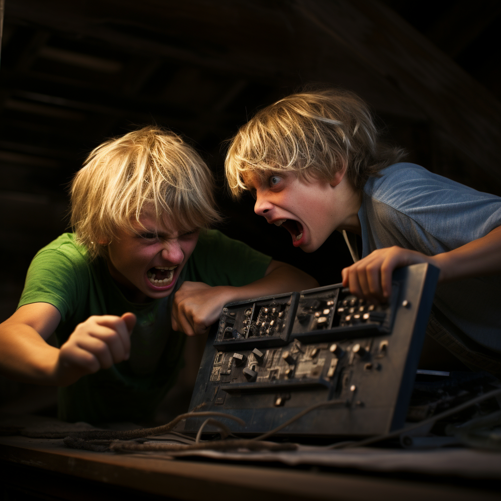 Two blonde boys fighting over PC