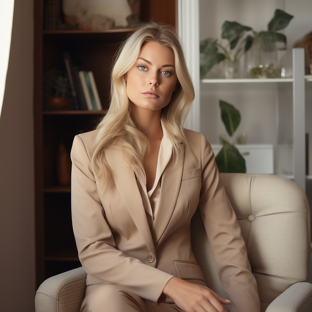 Blonde lady in beige office suit