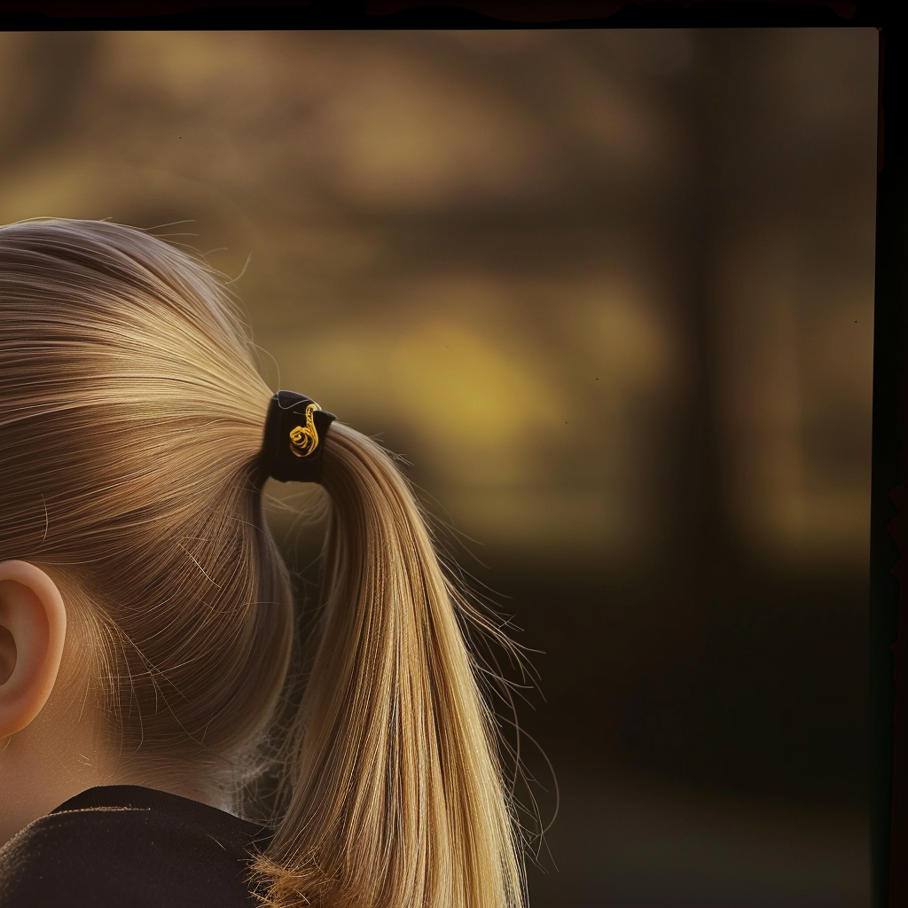 Young woman with blonde ponytail on park bench