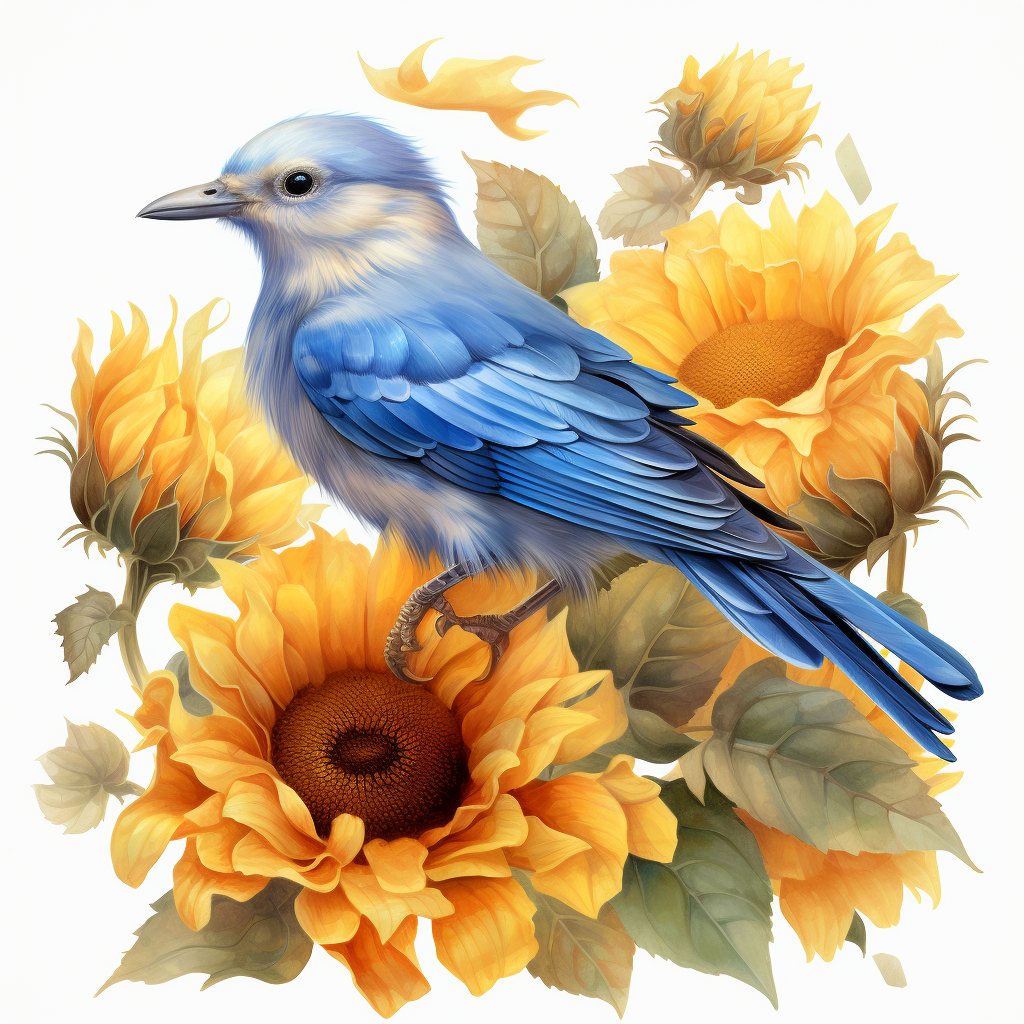 Watercolor Illustration of Blue Bird on Sunflowers