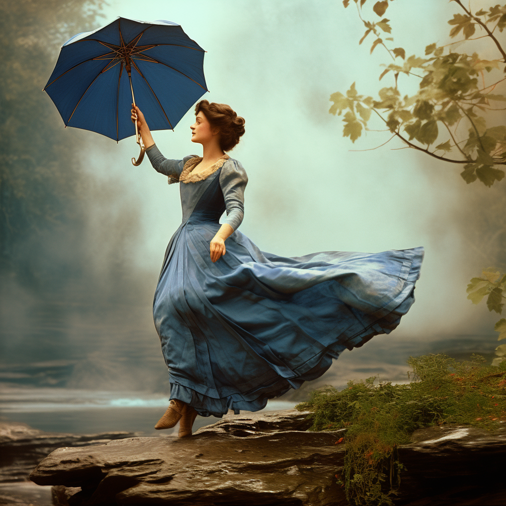 Vintage blue parasol floating in air