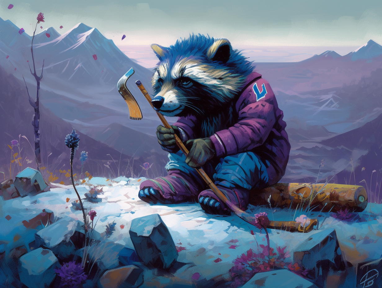 Expressive Branko Marjanovic-inspired blue-furred raccoon planting hockey