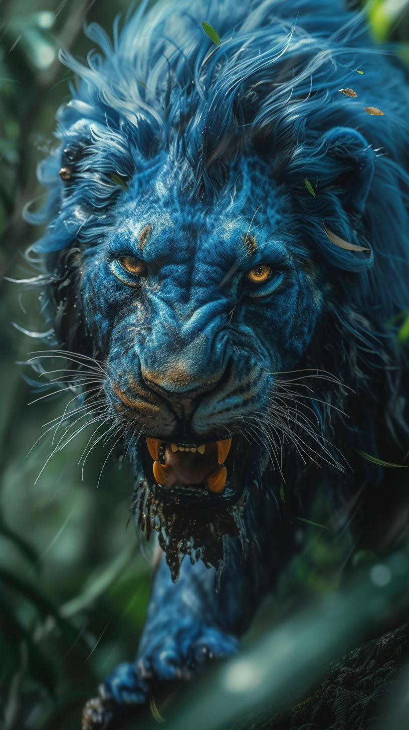 Blue Lion in Rainforest Growling