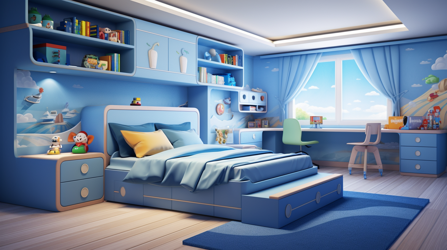 Blue modern bedroom furniture in 3D