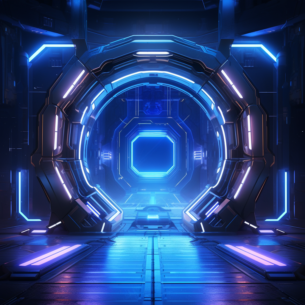 Blue neon cyberpunk portal lights