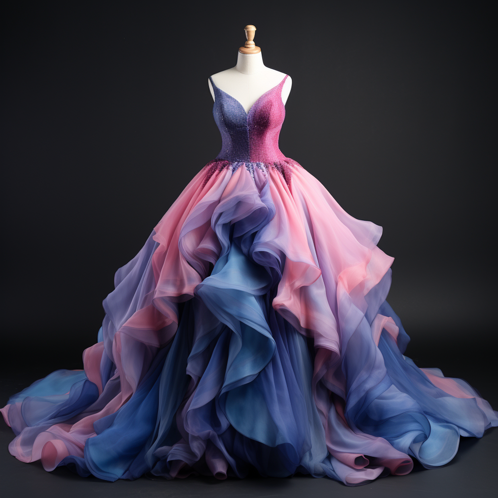 Beautiful blue and pink gown in organza princess style