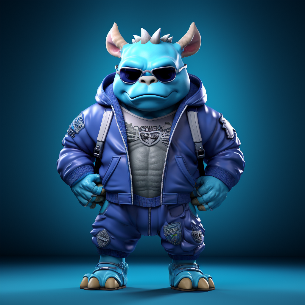 Cute blue rhino student wearing glasses and being athletic