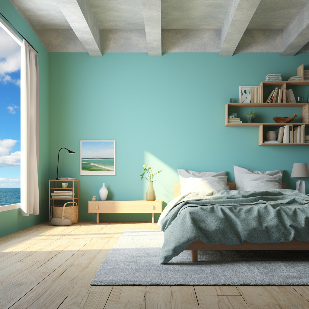 Blue sky wallpaper room with green carpet