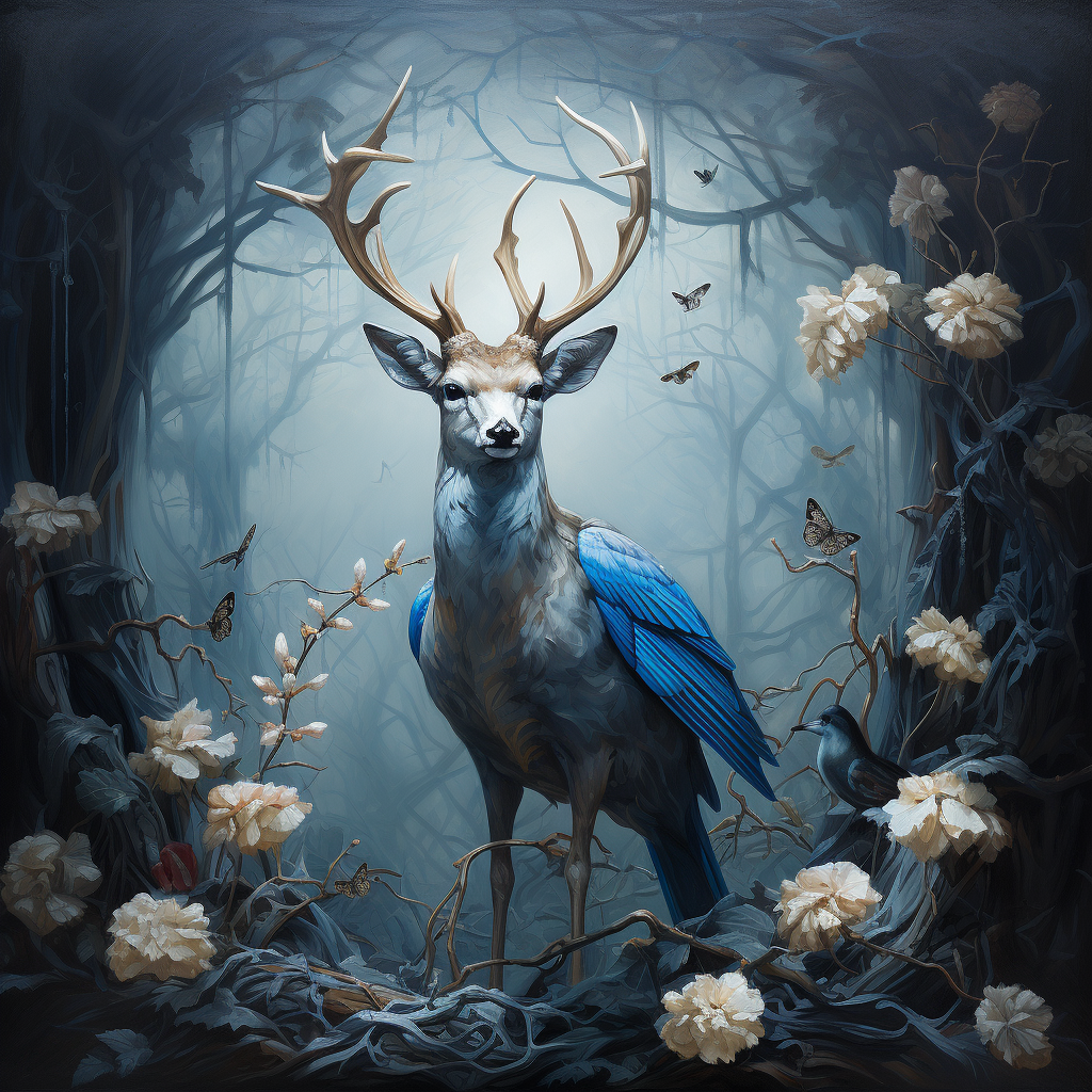 Blue songbirds on deer's antlers