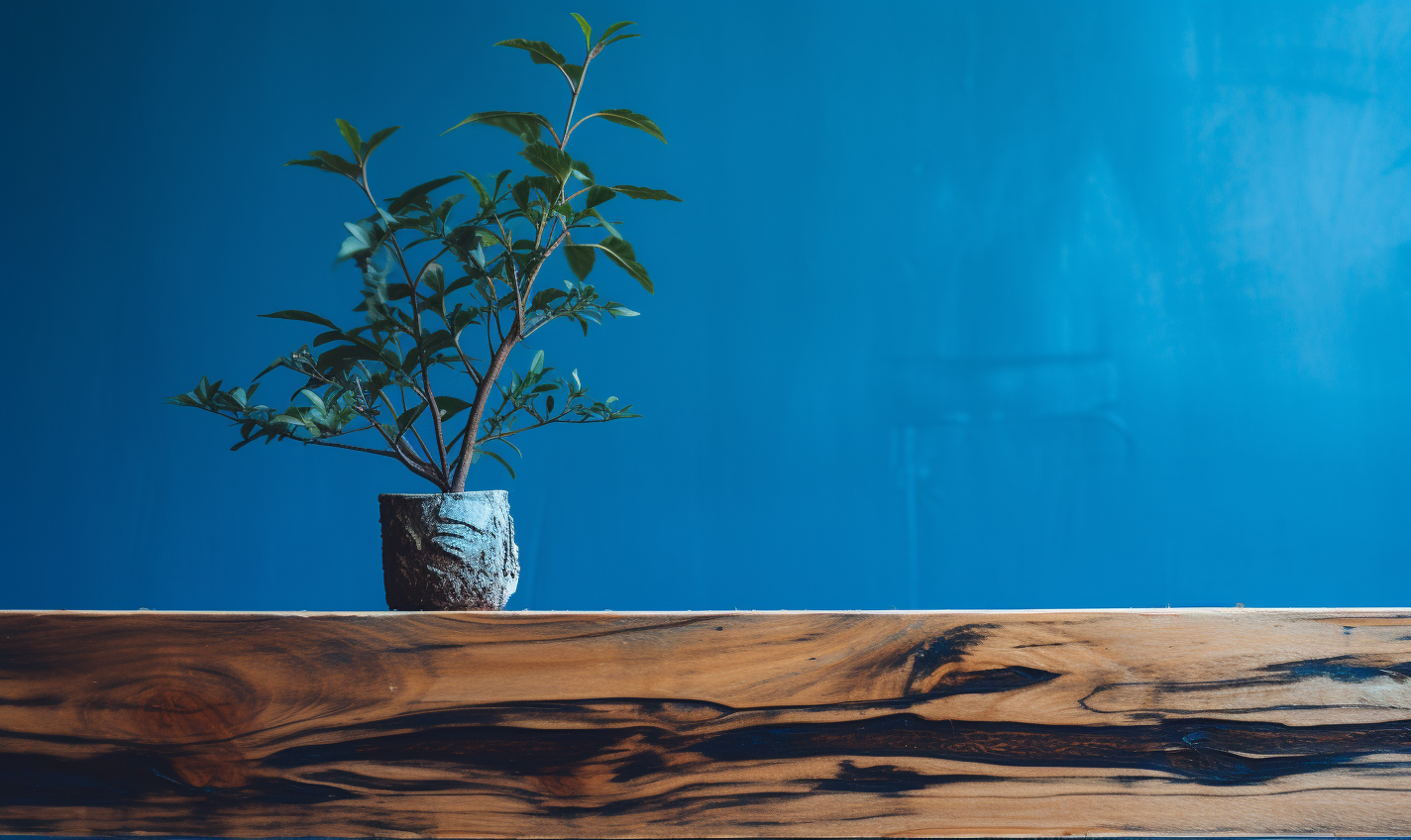 A captivating blue-tinted wood with a beautiful plant growing