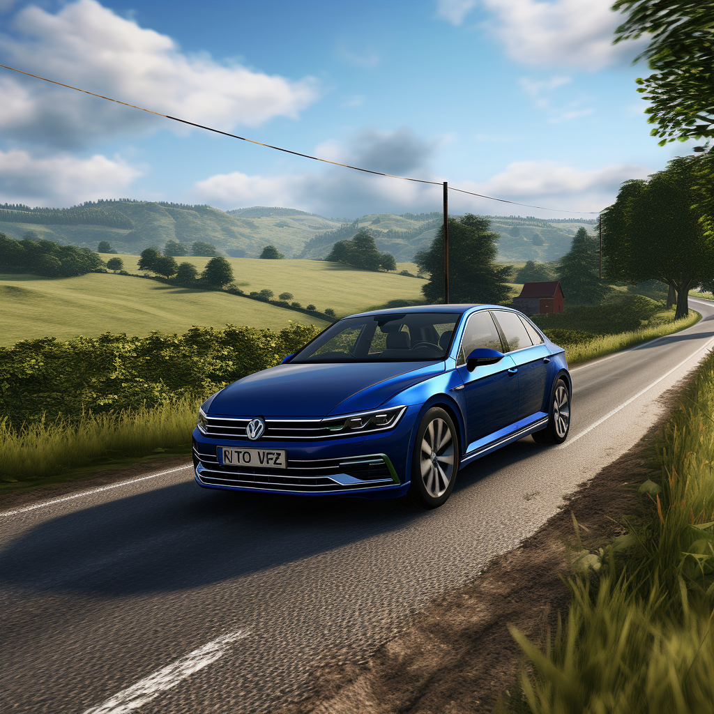 Blue Volkswagen Passat driving through scenic countryside