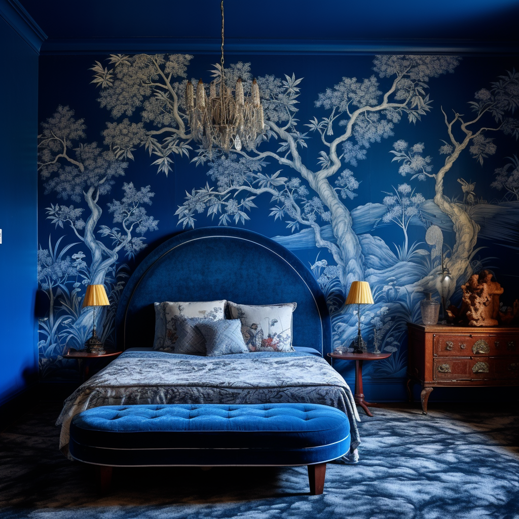 Cozy room with blue wallpaper