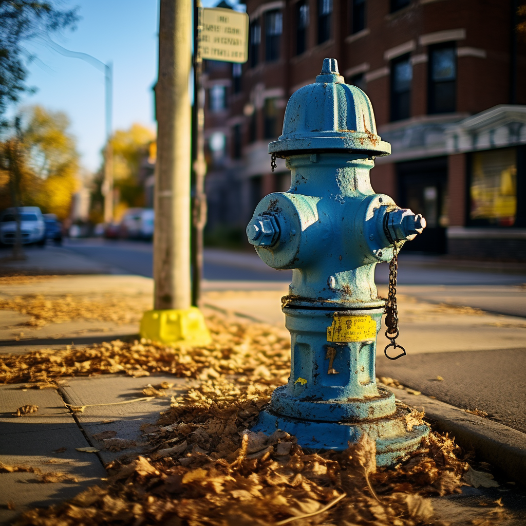 Blue and yellow fire hydrant on sidewalk