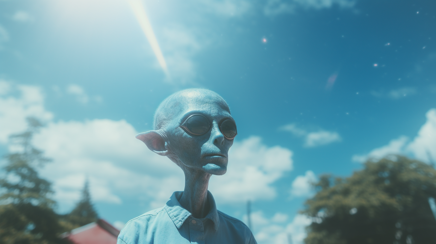 Blue alien levitating in galactic sky