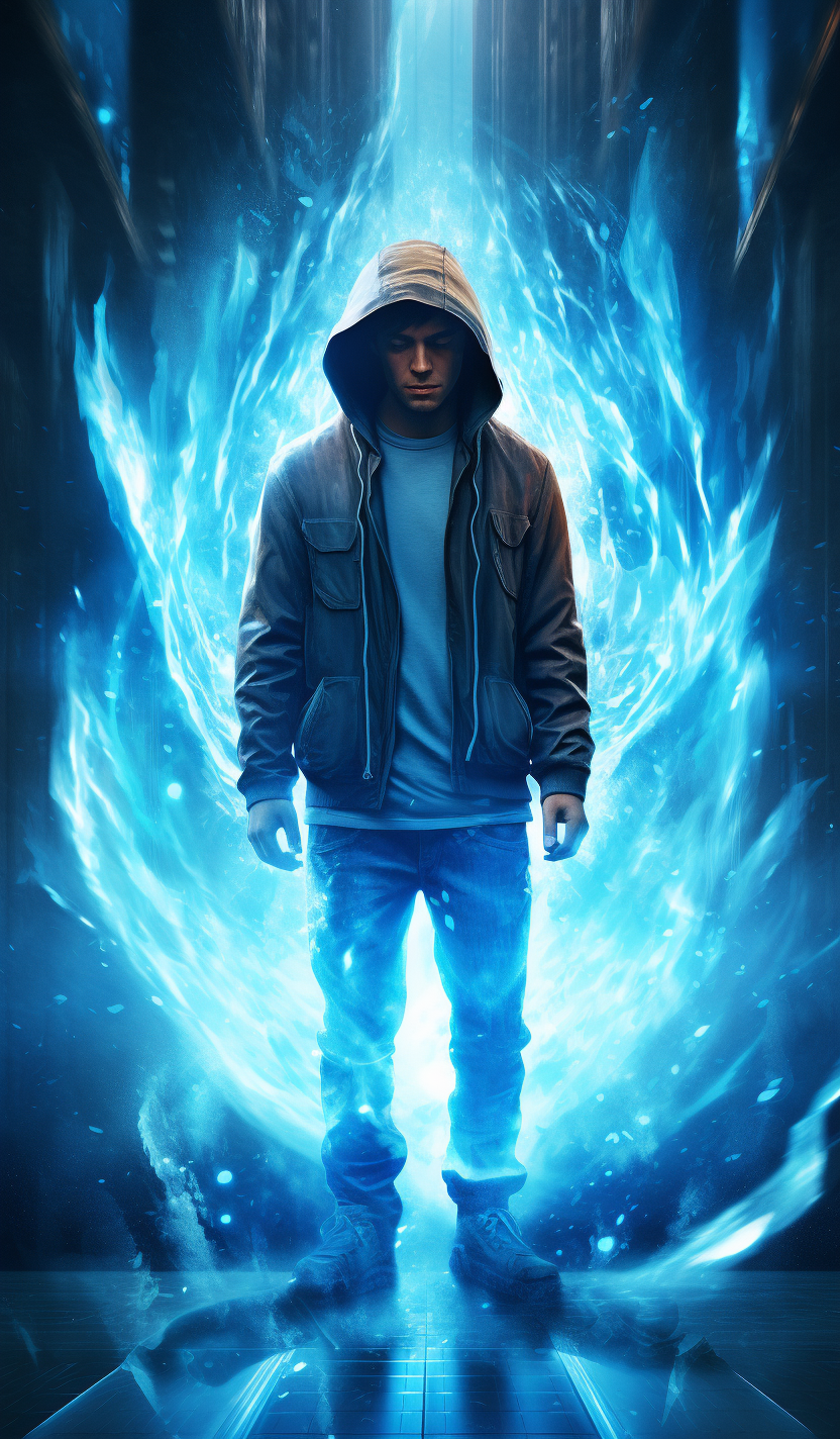 Hooded man teleporting with a blueish glow