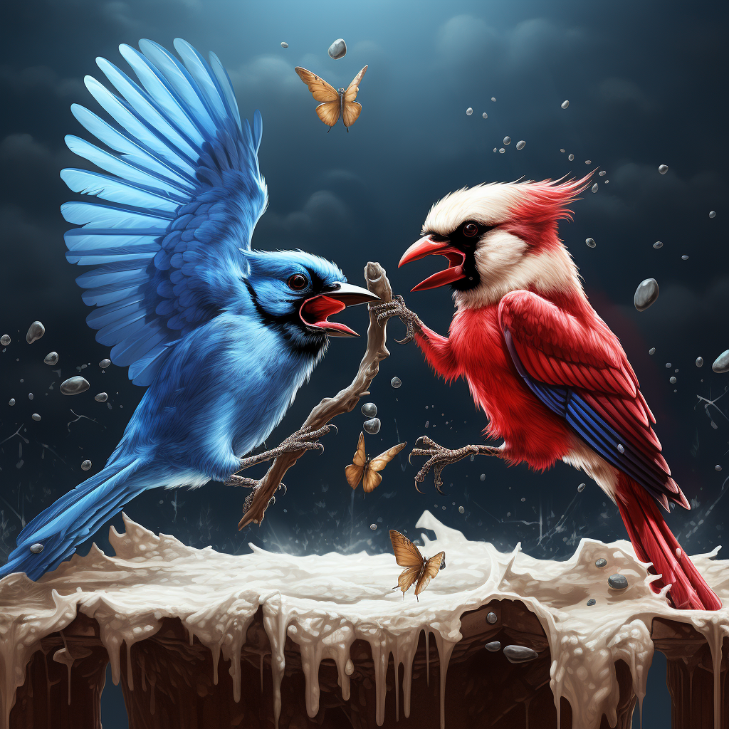 Bluejay and cardinal fiercely fighting over cheese.