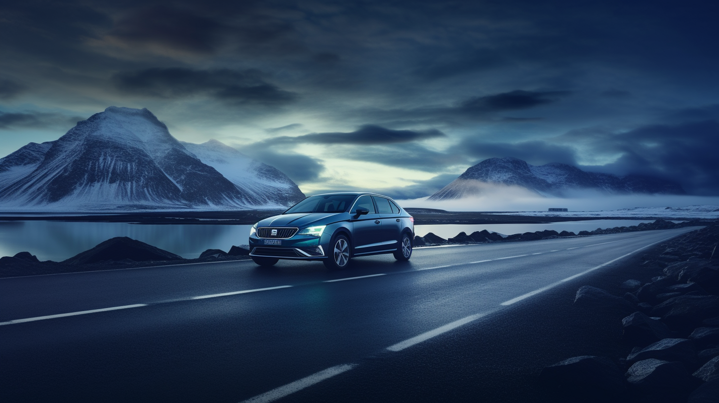 Blue Skoda Scala driving on Icelandic road