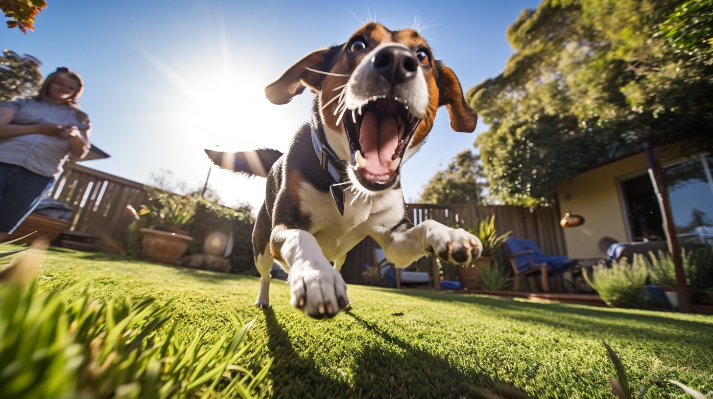 Energetic bluetick hound beagle mix playing in backyard