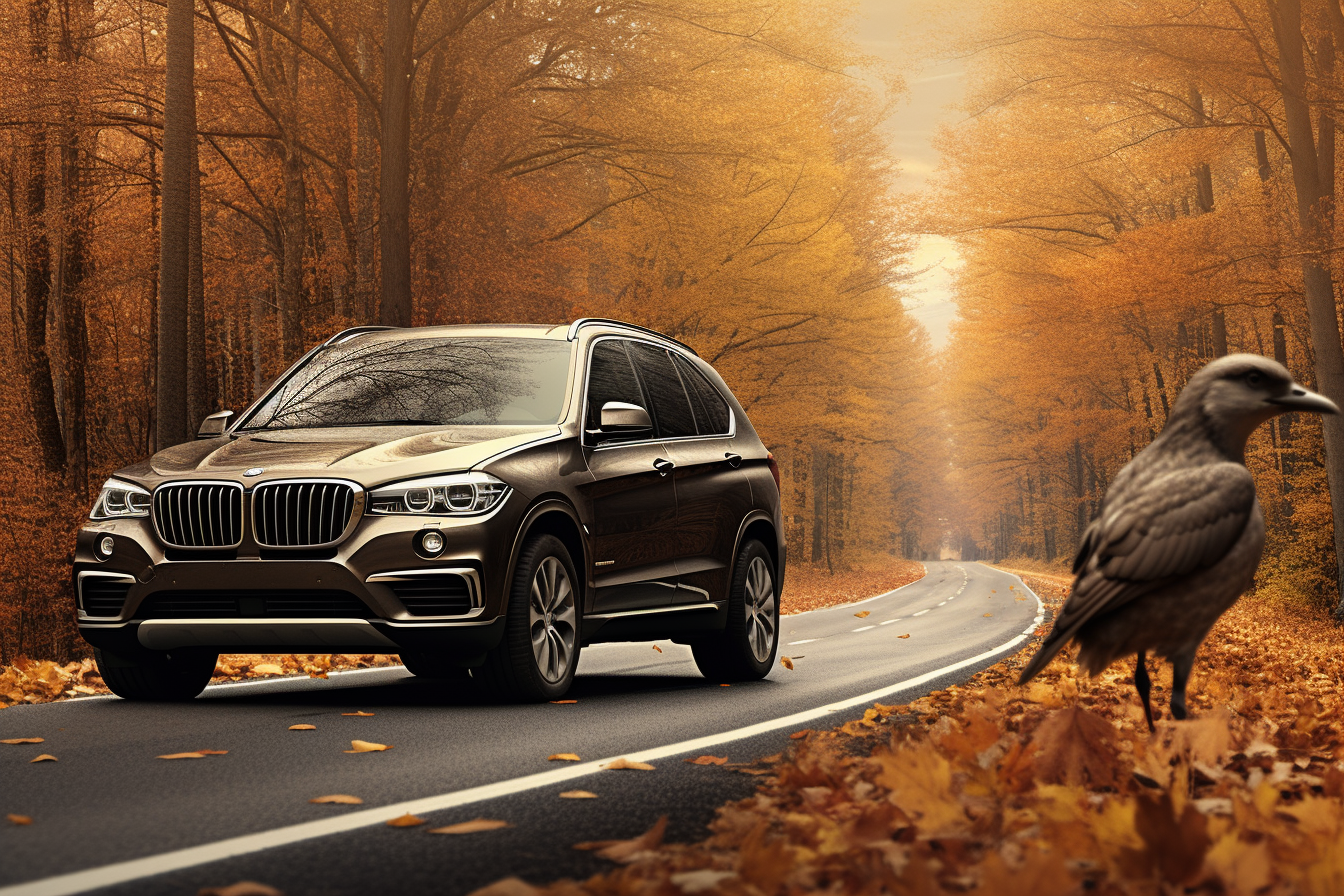 BMW X5 SUV with Wild Turkey in Autumn