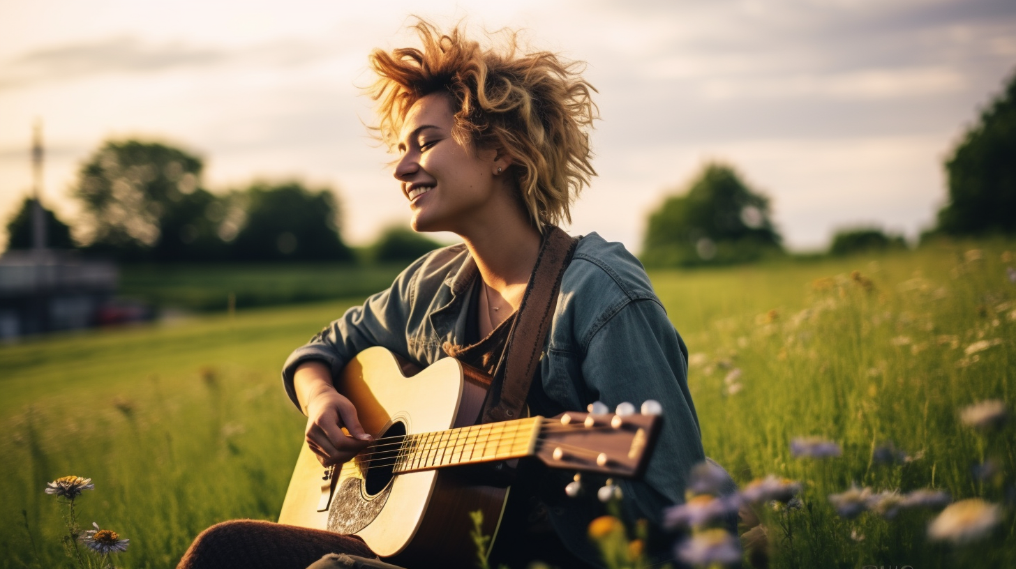 Bohemian woman playing acoustic guitar on vintage leather couch